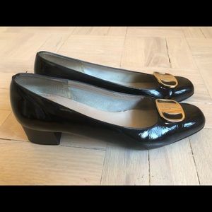 Ferragamo Black Patent Metallic Buckle pumps